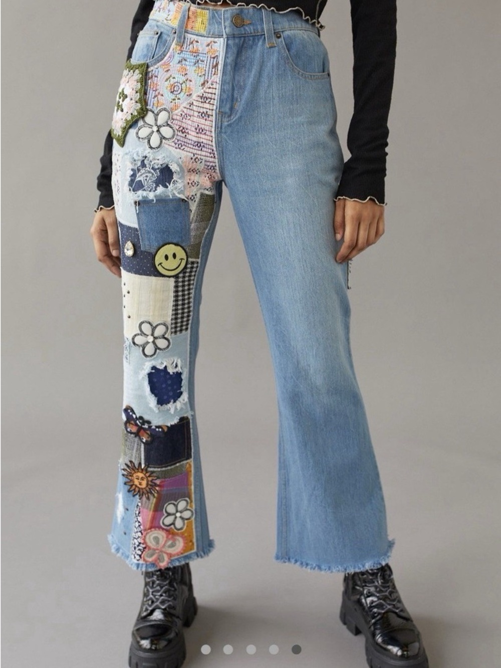 BDG Light Blue Patchwork Flare Jeans with Embroidered Appliqué